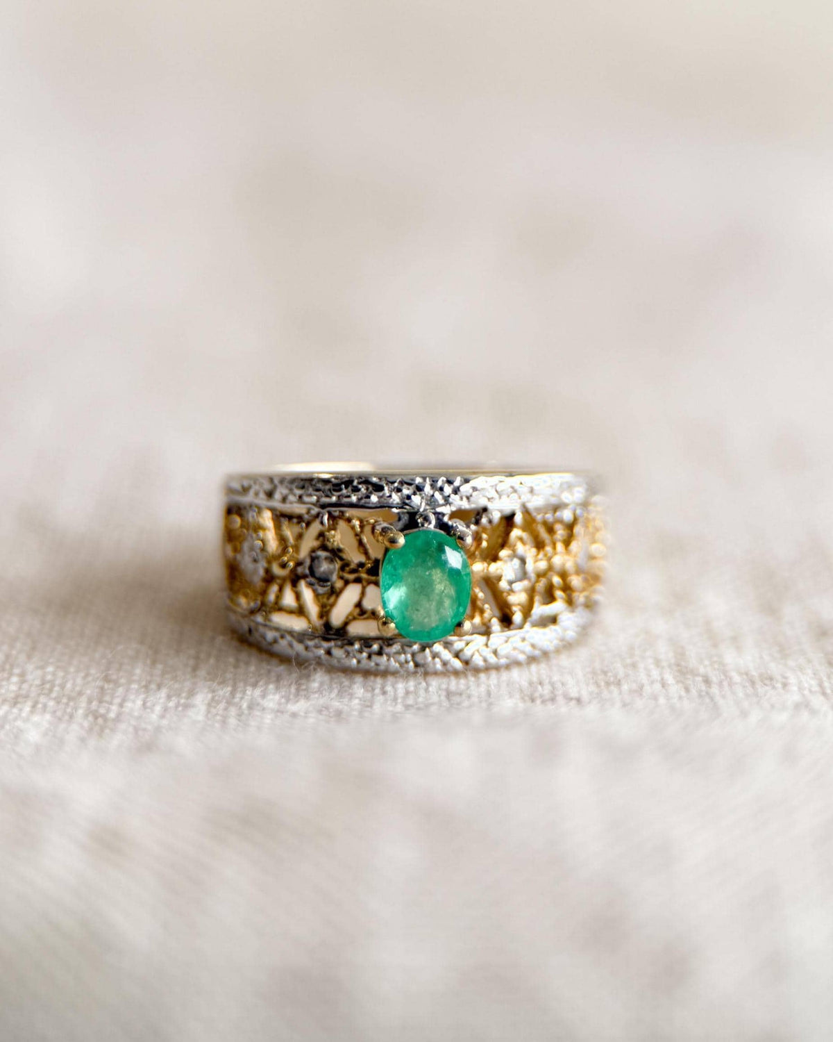 Vintage Emerald and Diamond Ring, 10k Gold, Filigree Band Statement Ring, Bold Gemstone Jewelry