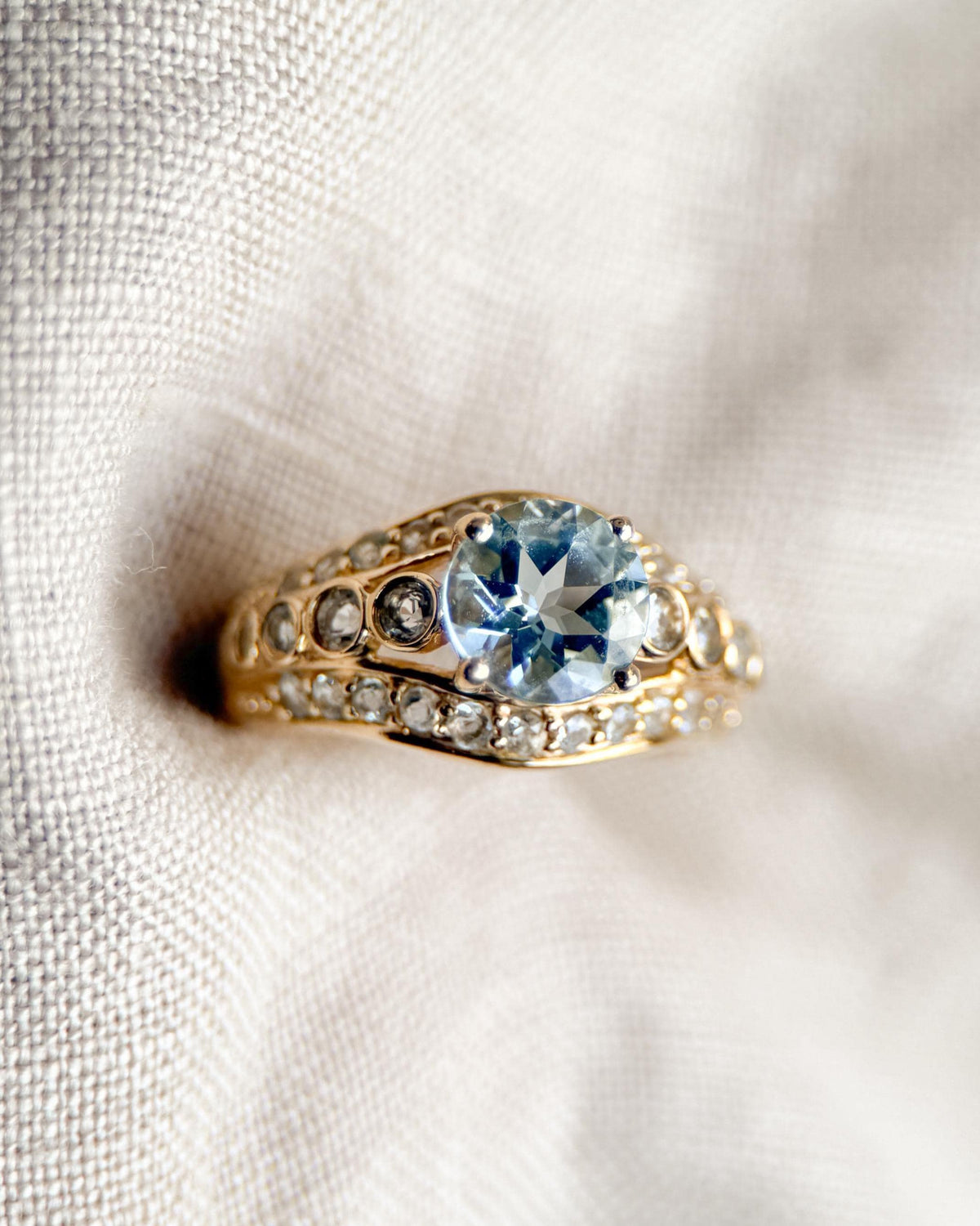 Vintage Aquamarine and Topaz Engagement Ring, Round Cut, 14k Gold Alternative Bridal Ring