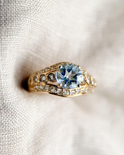 Vintage Aquamarine and Topaz Engagement Ring, Round Cut, 14k Gold Alternative Bridal Ring