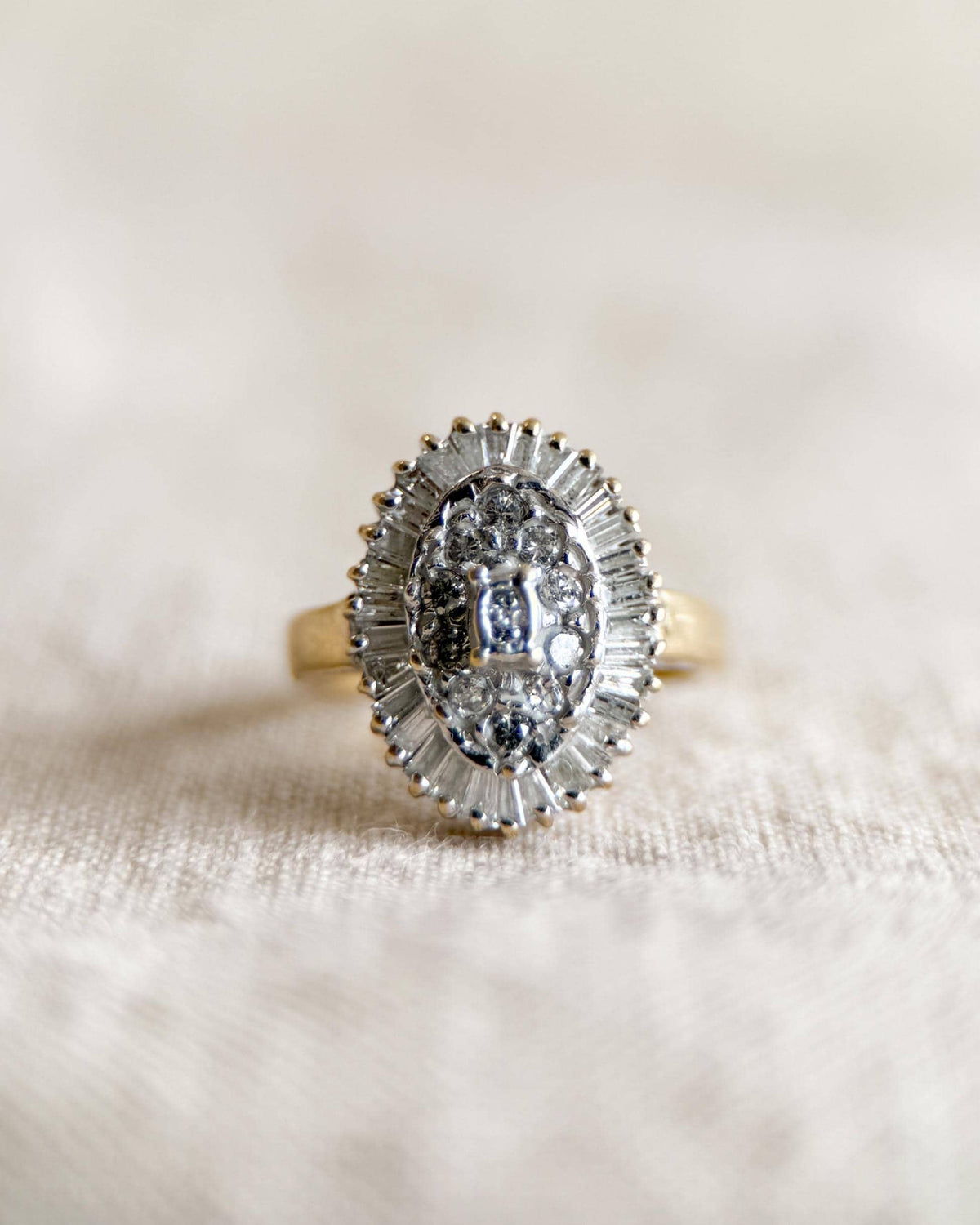 Vintage 1990s Diamond Engagement Ring, 14k Gold Cluster Halo Design • One-of-a-kind Bridal Jewelry