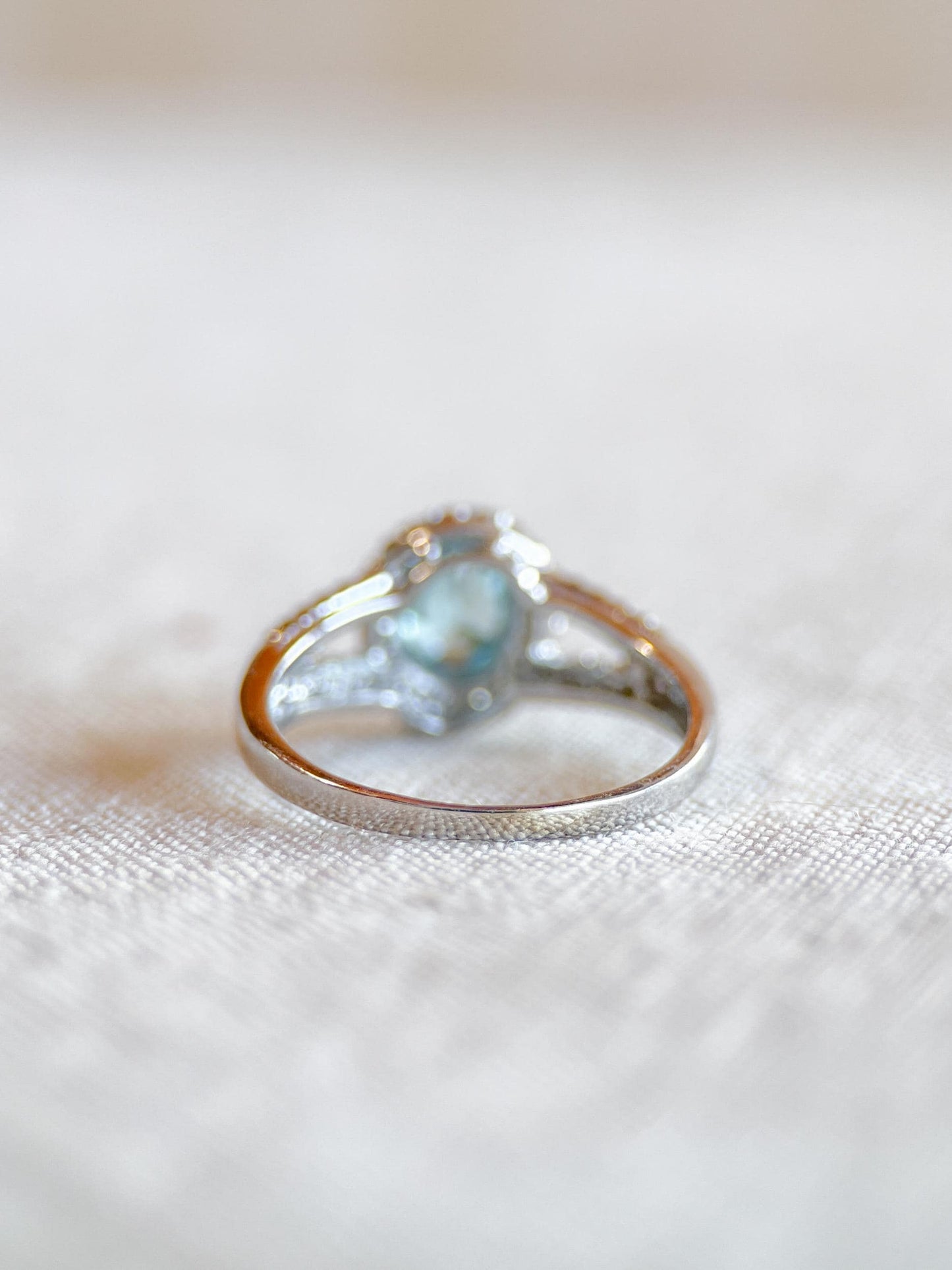 Vintage Blue Topaz & Diamond Halo Engagement Ring, Oval Cut, 10k White Gold, Bridal Ring