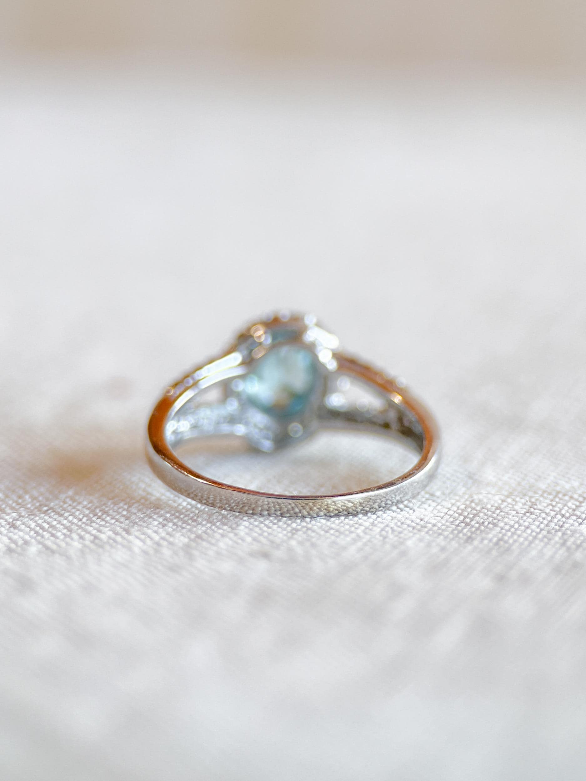 Vintage Blue Topaz & Diamond Halo Engagement Ring, Oval Cut, 10k White Gold, Bridal Ring