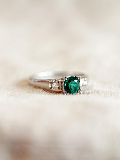 Vintage Emerald Engagement Ring, Round Cut, Platinum, Alternative Bridal Ring