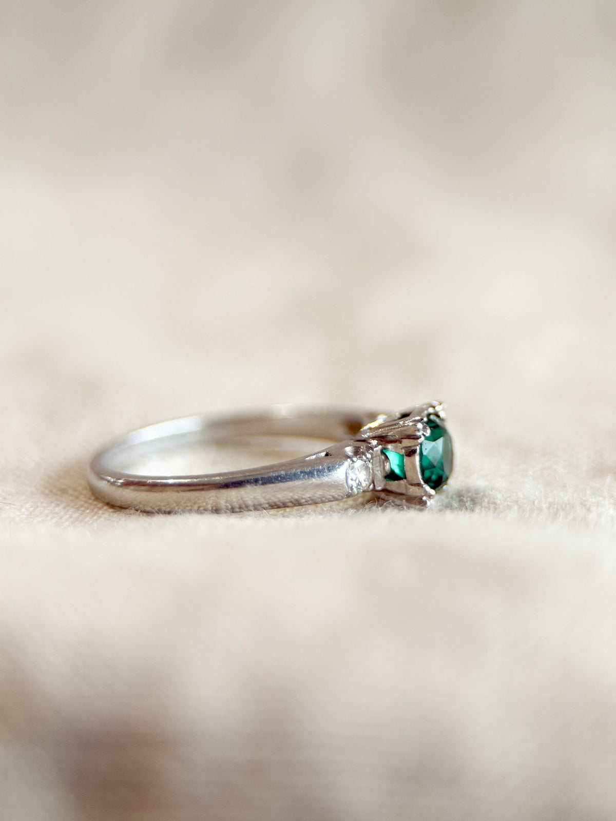 Vintage Emerald Engagement Ring, Round Cut, Platinum, Alternative Bridal Ring
