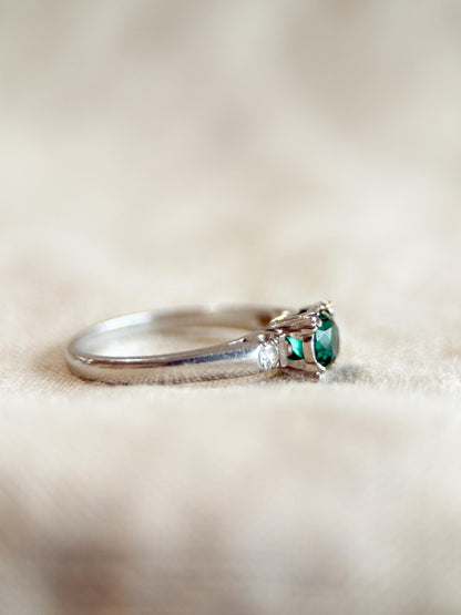 Vintage Emerald Engagement Ring, Round Cut, Platinum, Alternative Bridal Ring