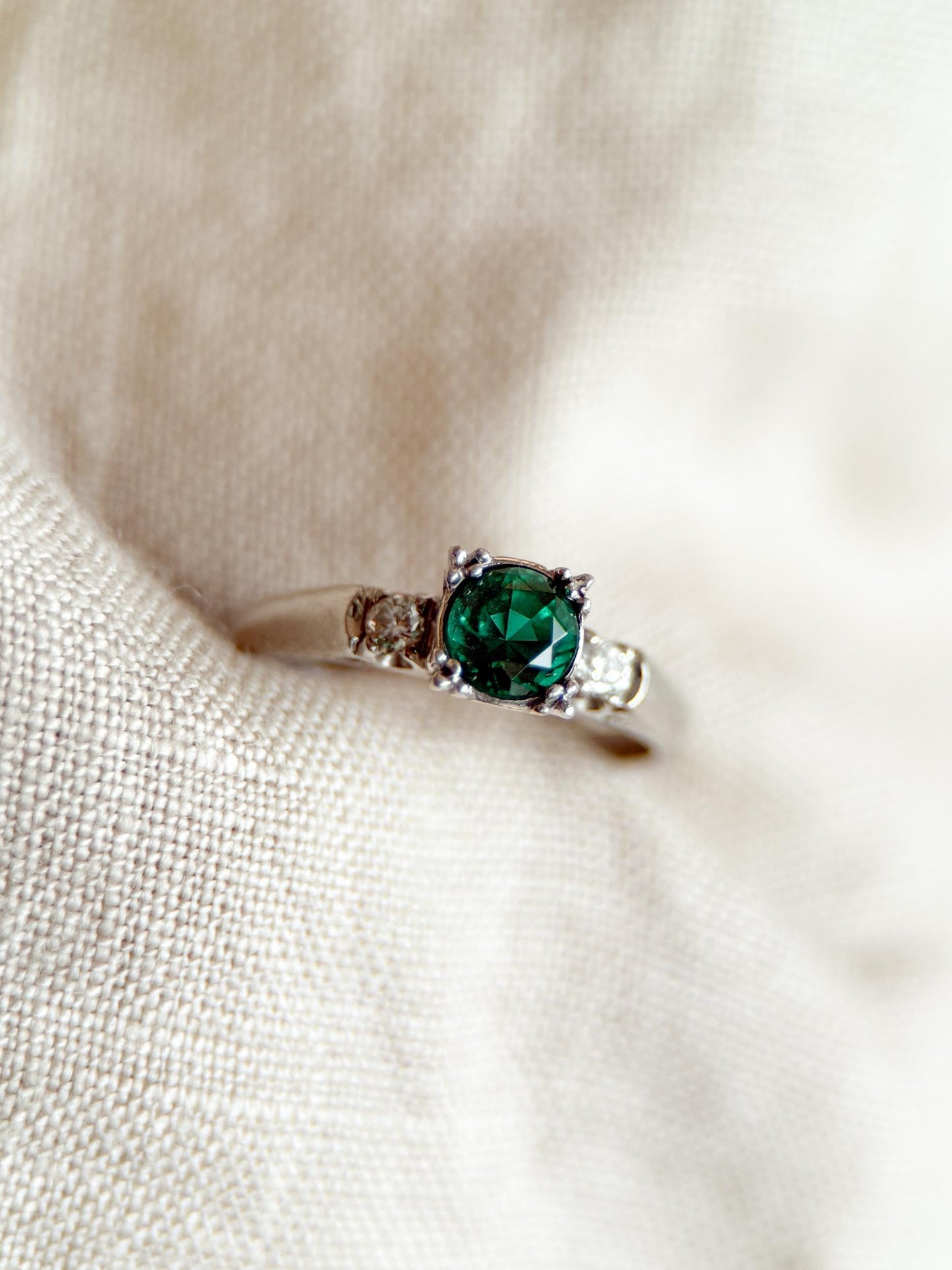 Vintage Emerald Engagement Ring, Round Cut, Platinum, Alternative Bridal Ring
