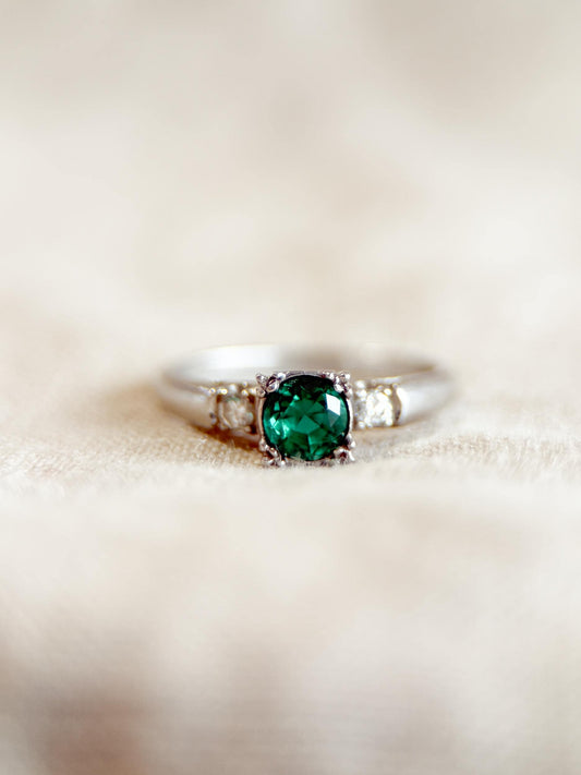 Vintage Emerald Engagement Ring, Round Cut, Platinum, Alternative Bridal Ring