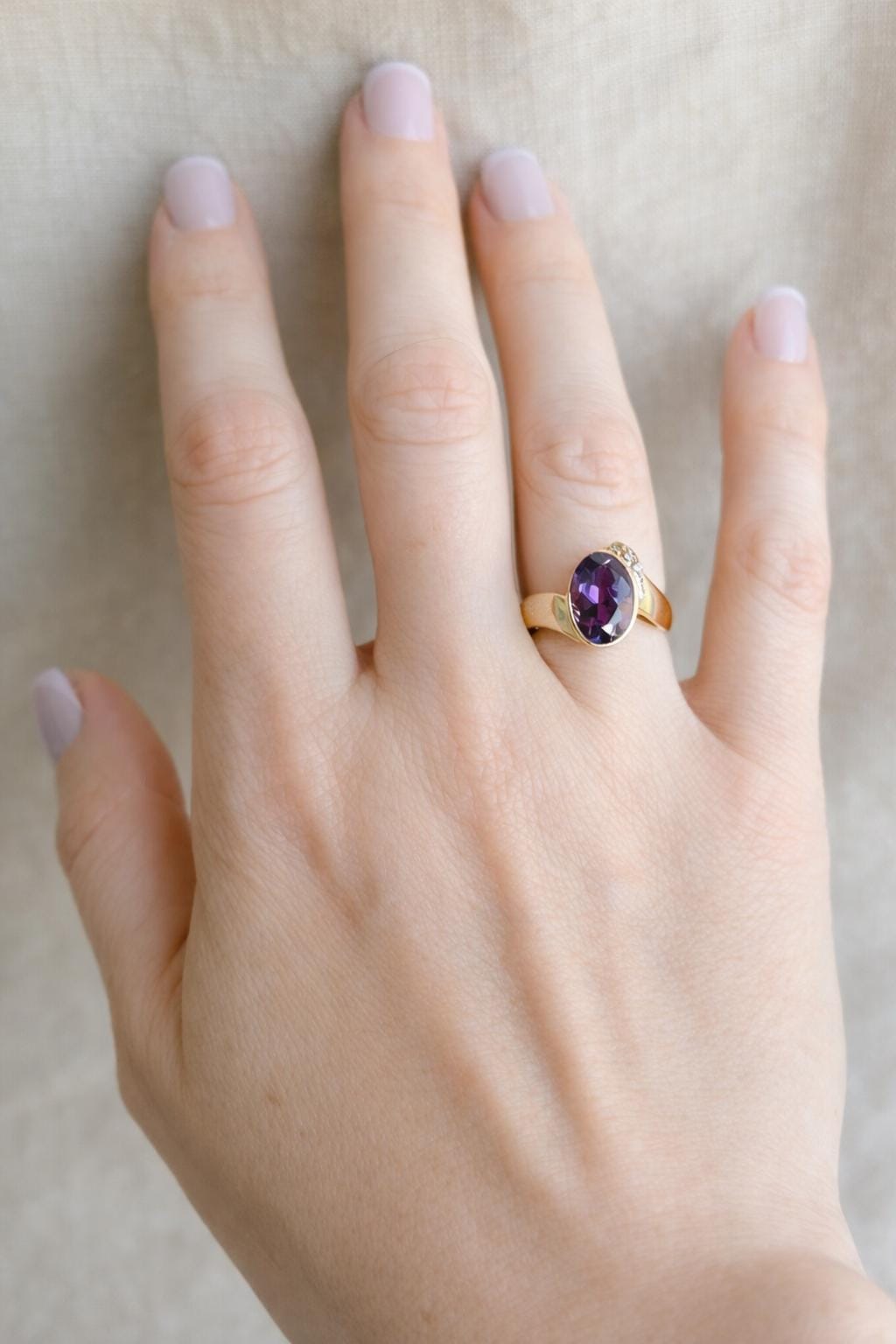 Vintage Amethyst and Diamond Ring, 14k Gold, Oval Bezel Statement Ring, Bold Gemstone Jewelry