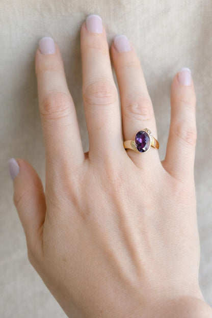 Vintage Amethyst and Diamond Ring, 14k Gold, Oval Bezel Statement Ring, Bold Gemstone Jewelry