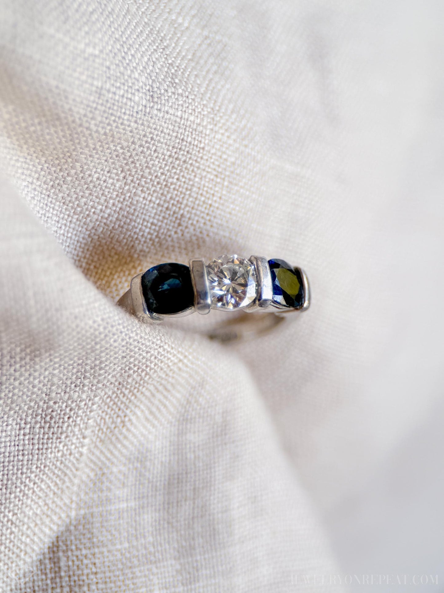 Vintage Sapphire and Diamond Three Stone Engagement Ring in Platinum, Unique Alternative Bridal Ring