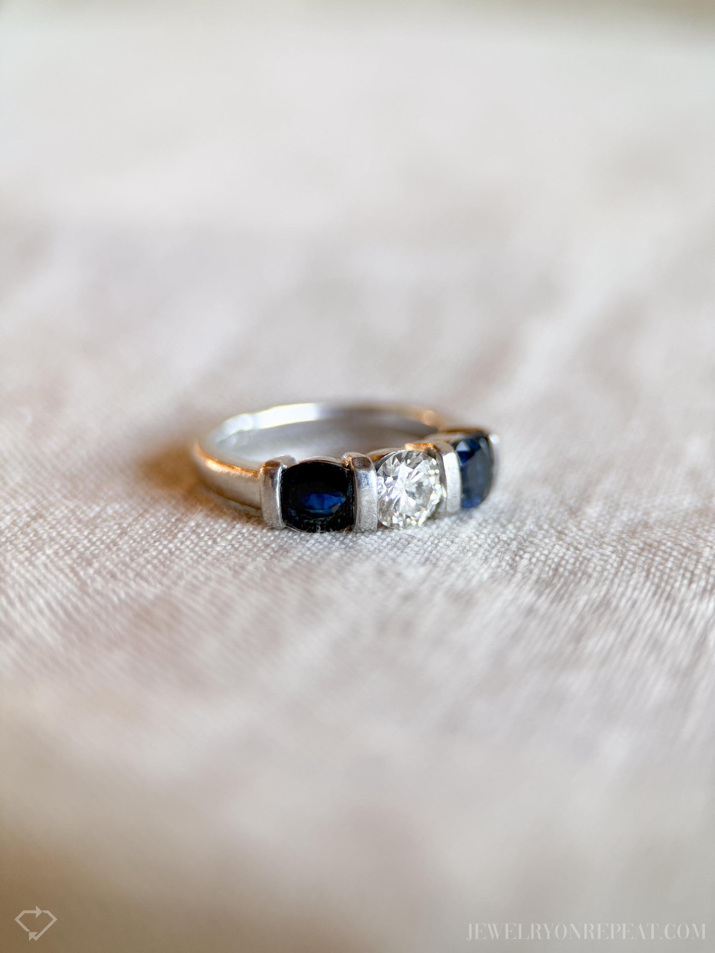 Vintage Sapphire and Diamond Three Stone Engagement Ring in Platinum, Unique Alternative Bridal Ring
