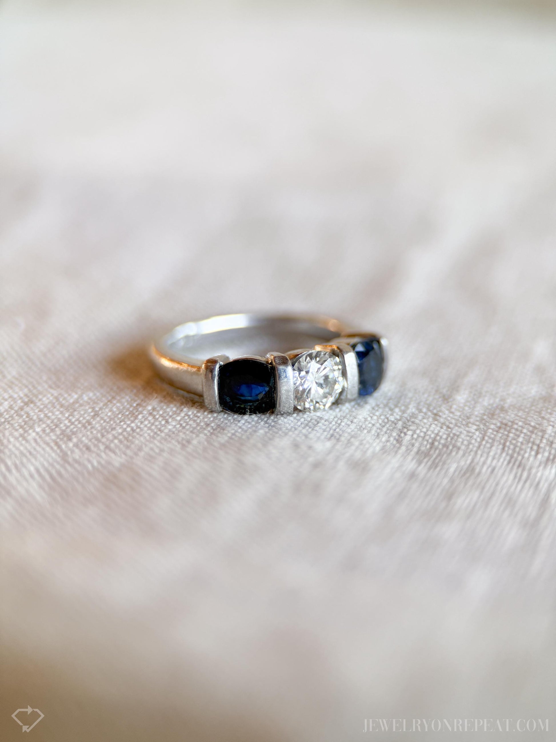 Vintage Sapphire and Diamond Three Stone Engagement Ring in Platinum, Unique Alternative Bridal Ring