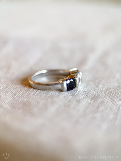 Vintage Sapphire and Diamond Three Stone Engagement Ring in Platinum, Unique Alternative Bridal Ring