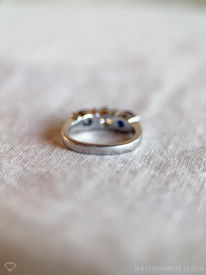 Vintage Sapphire and Diamond Three Stone Engagement Ring in Platinum, Unique Alternative Bridal Ring