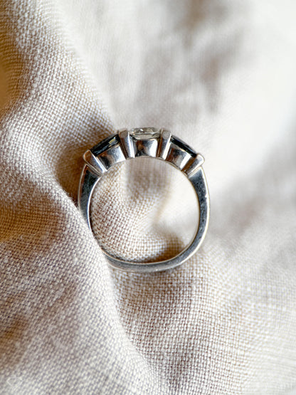 Vintage Sapphire and Diamond Three Stone Engagement Ring in Platinum, Unique Alternative Bridal Ring