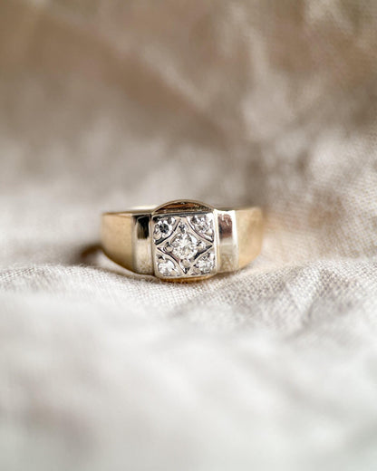Vintage Diamond Engagement Ring, Round Cut, 14k Gold, 1950s Art Deco Signet Wedding Ring