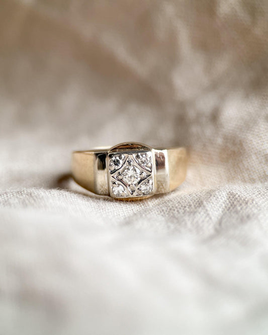 Vintage Diamond Engagement Ring, Round Cut, 14k Gold, 1950s Art Deco Signet Wedding Ring