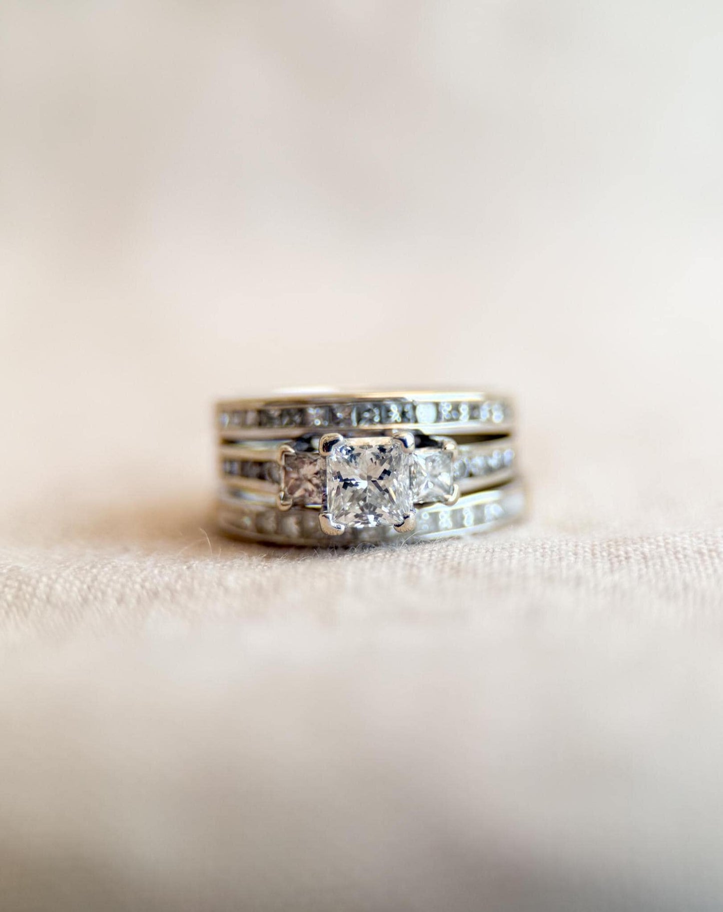 Vintage Diamond Engagement & Wedding Rings, Princess Cut, 14k White Gold, 1990s Channel Bridal Set