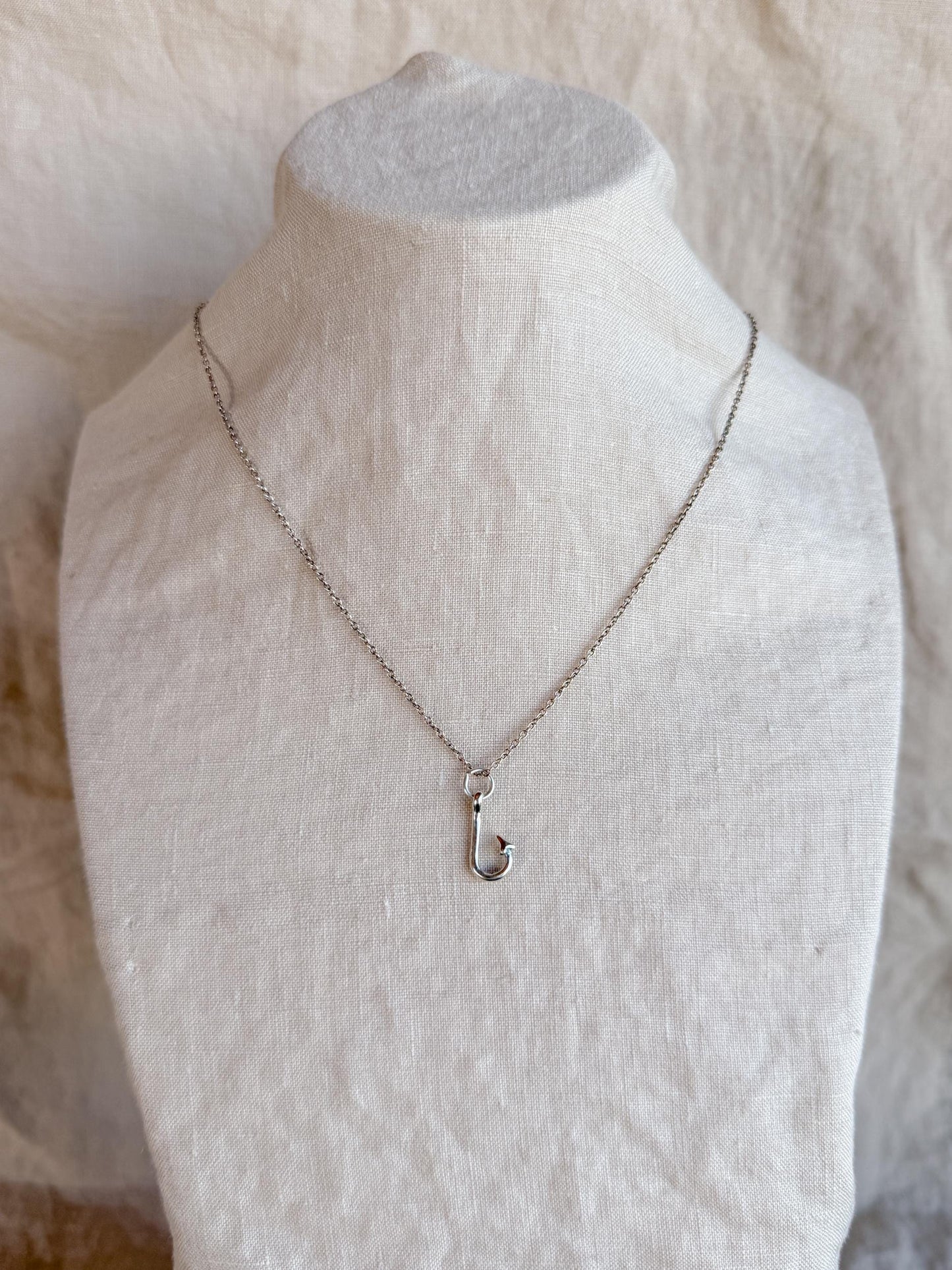 Sterling Silver Fishing Hook Charm Necklace, Fishing Minimal Layering Jewelry, Gift for Her