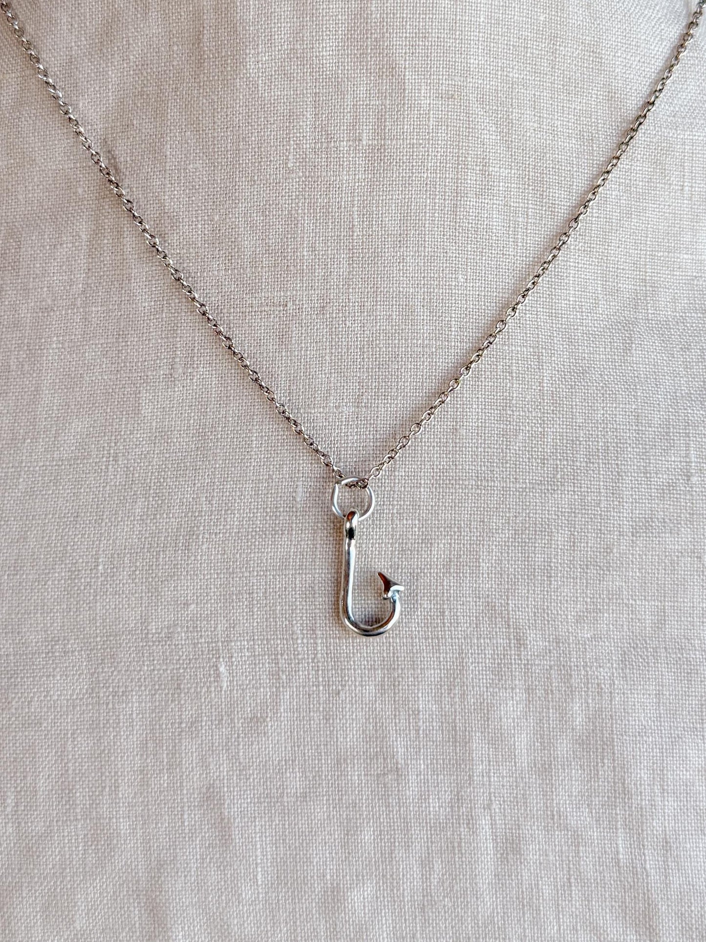 Sterling Silver Fishing Hook Charm Necklace, Fishing Minimal Layering Jewelry, Gift for Her