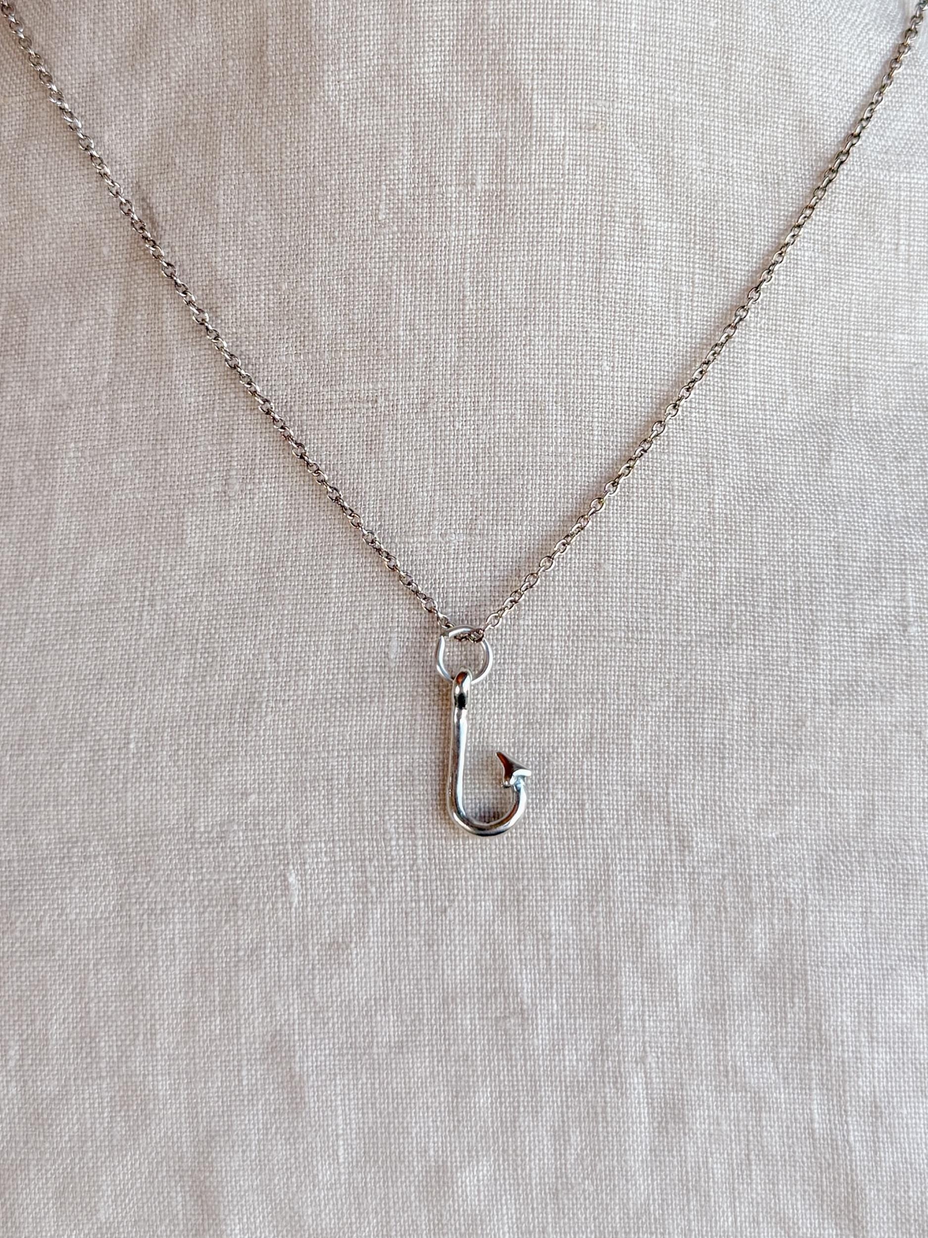 Sterling Silver Fishing Hook Charm Necklace, Fishing Minimal Layering Jewelry, Gift for Her