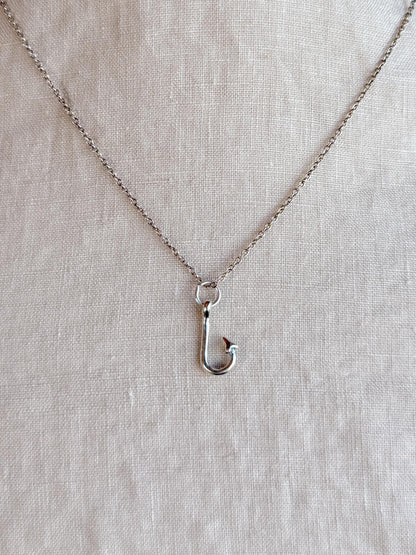 Sterling Silver Fishing Hook Charm Necklace, Fishing Minimal Layering Jewelry, Gift for Her