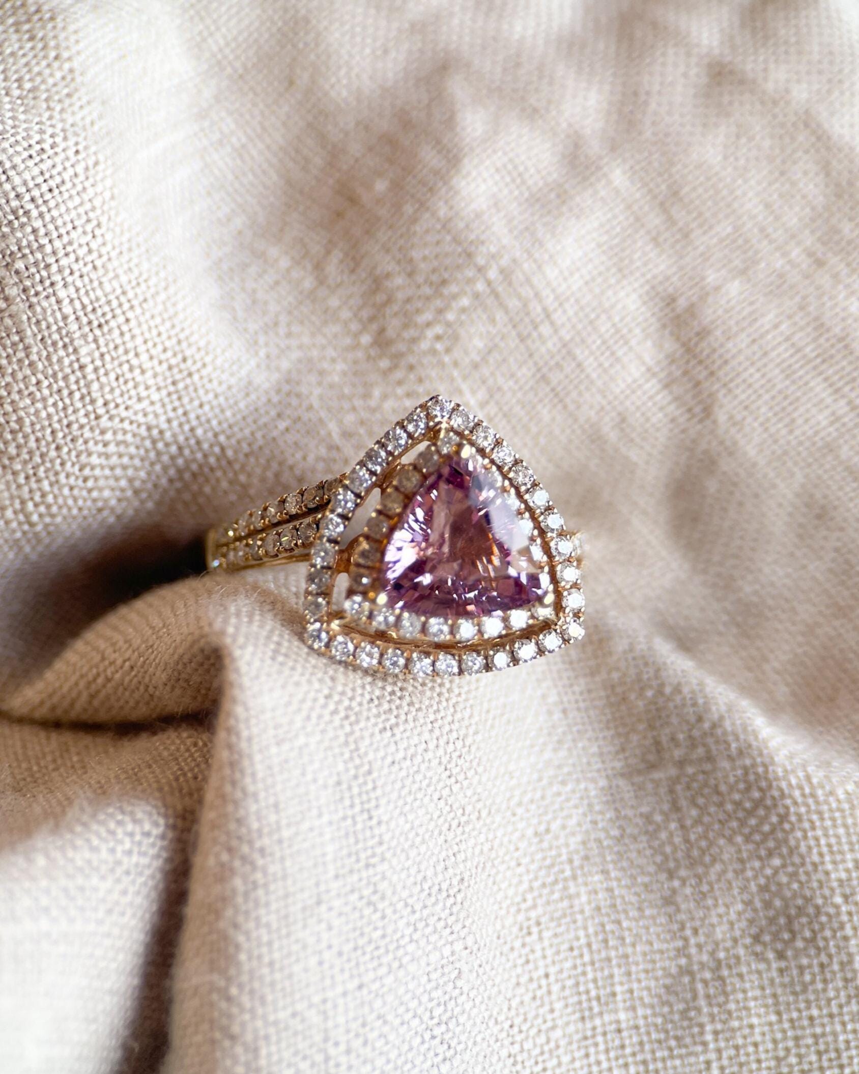 Vintage Rhodolite Garnet and Diamond Halo Engagement Ring, 14k Gold Trillion Bridal Ring