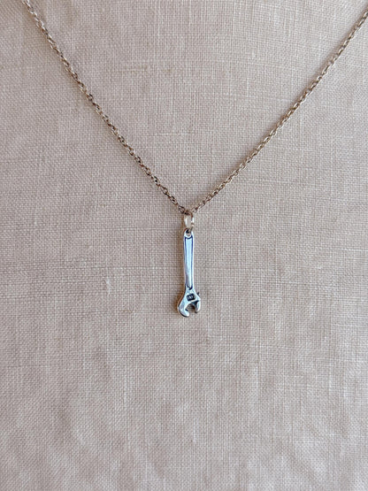 Sterling Silver Wrench Charm Pendant, Tool Themed Minimalist Jewelry, Gift for Her