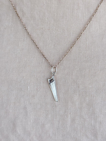 Sterling Silver Hand Saw Charm Necklace, Tool Themed Minimal Layering Jewelry, Gift for Her