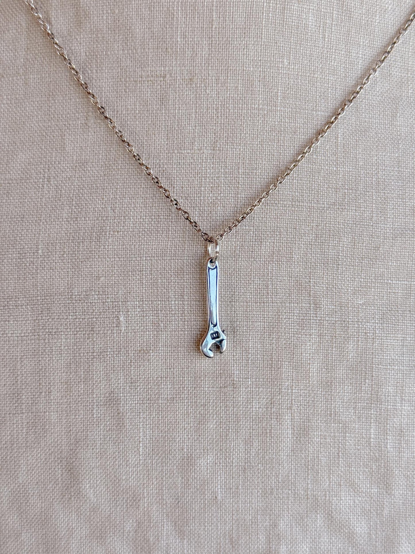 Sterling Silver Wrench Charm Necklace, Tool Themed Minimal Layering Jewelry, Gift for Her