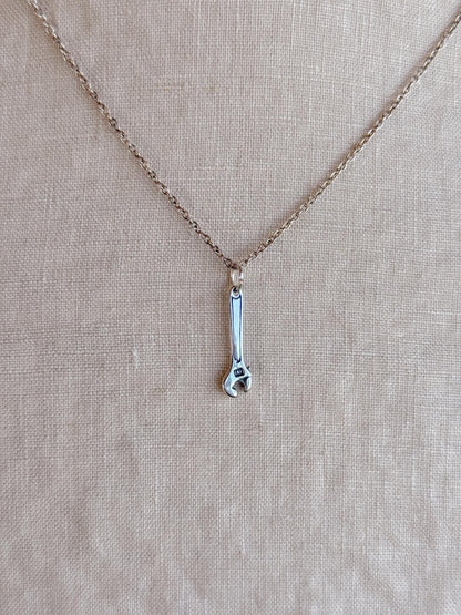 Sterling Silver Wrench Charm Necklace, Tool Themed Minimal Layering Jewelry, Gift for Her