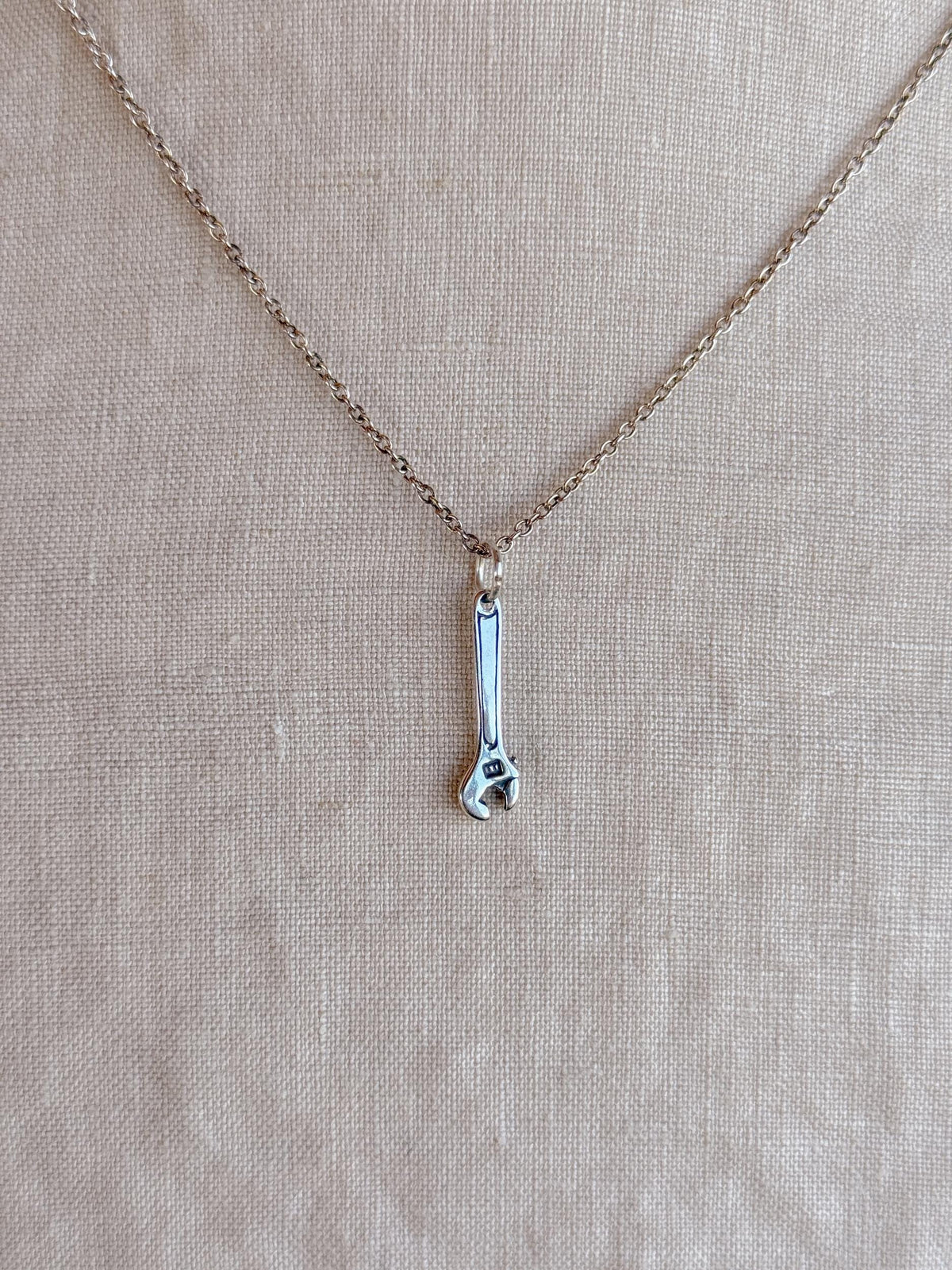Sterling Silver Wrench Charm Necklace, Tool Themed Minimal Layering Jewelry, Gift for Her