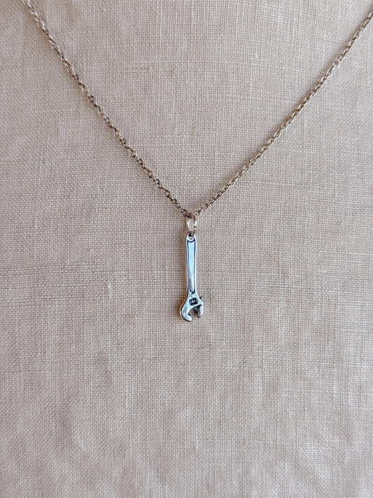 Sterling Silver Wrench Charm Necklace, Tool Themed Minimal Layering Jewelry, Gift for Her