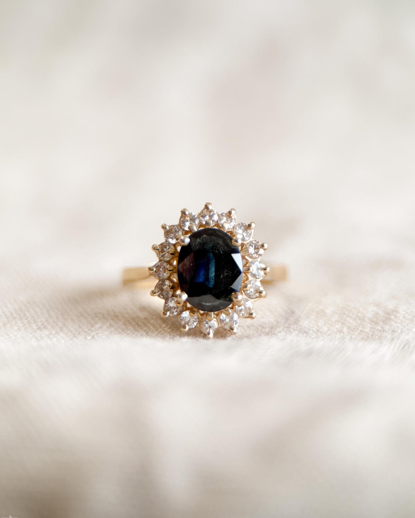 Vintage Sapphire and Diamond Halo Engagement Ring, Oval Cut, 14k Gold, Bridal Ring