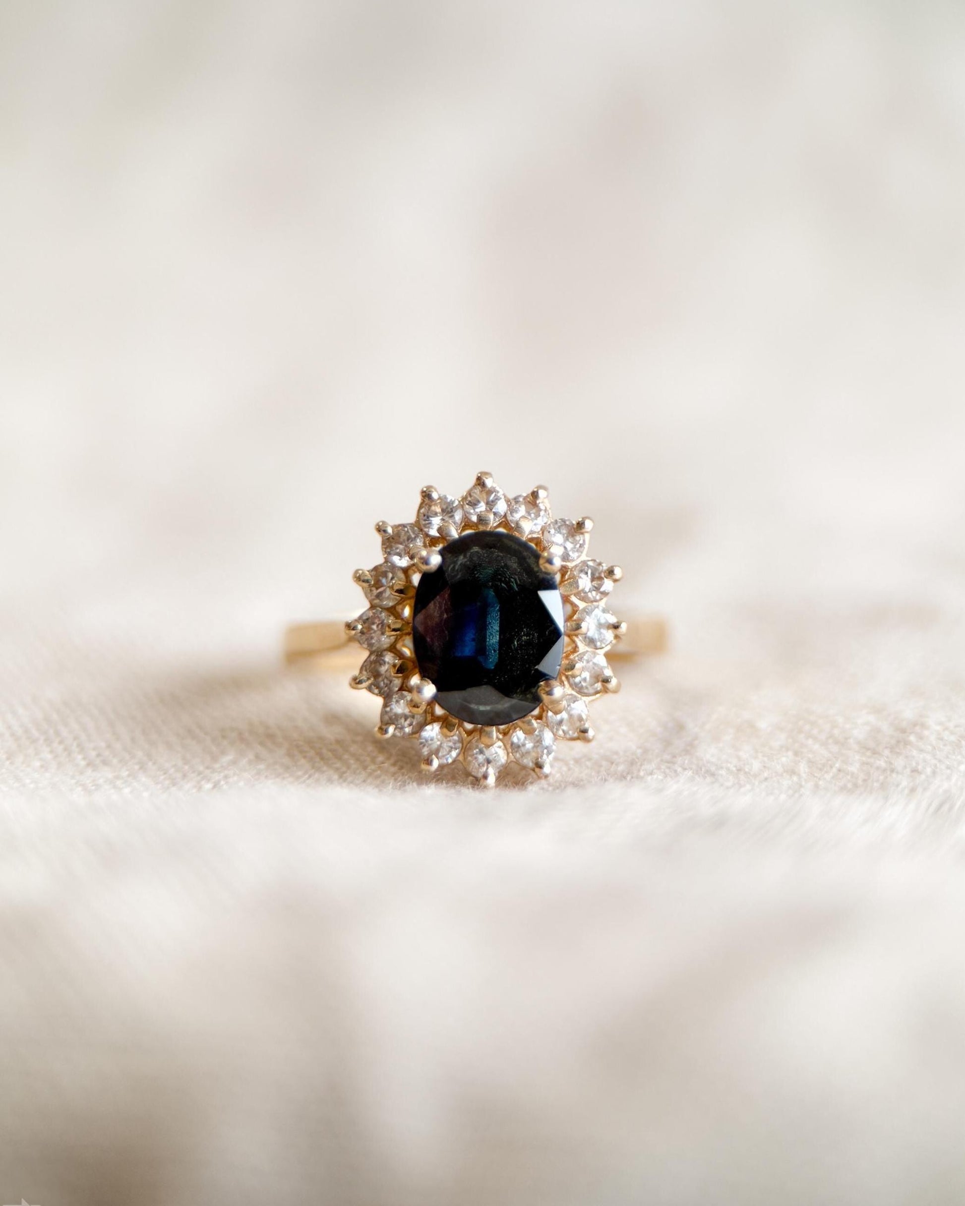 Vintage Sapphire and Diamond Halo Engagement Ring, Oval Cut, 14k Gold, Bridal Ring