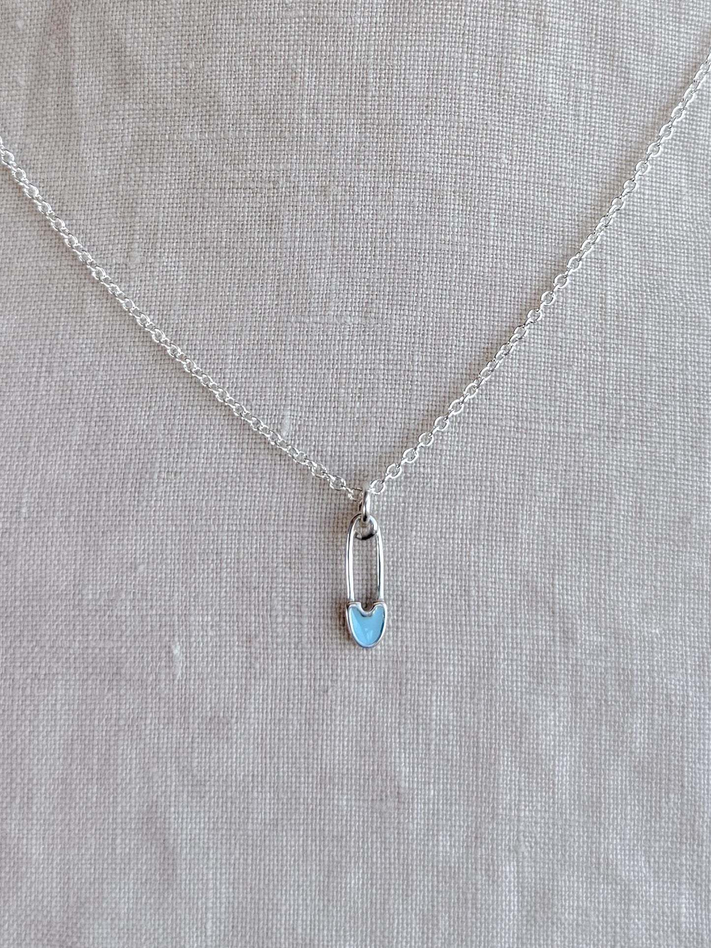 Sterling Silver Blue Safety Pin Charm Pendant, Minimalist Edgy Jewelry, Punk Style Charm Gift