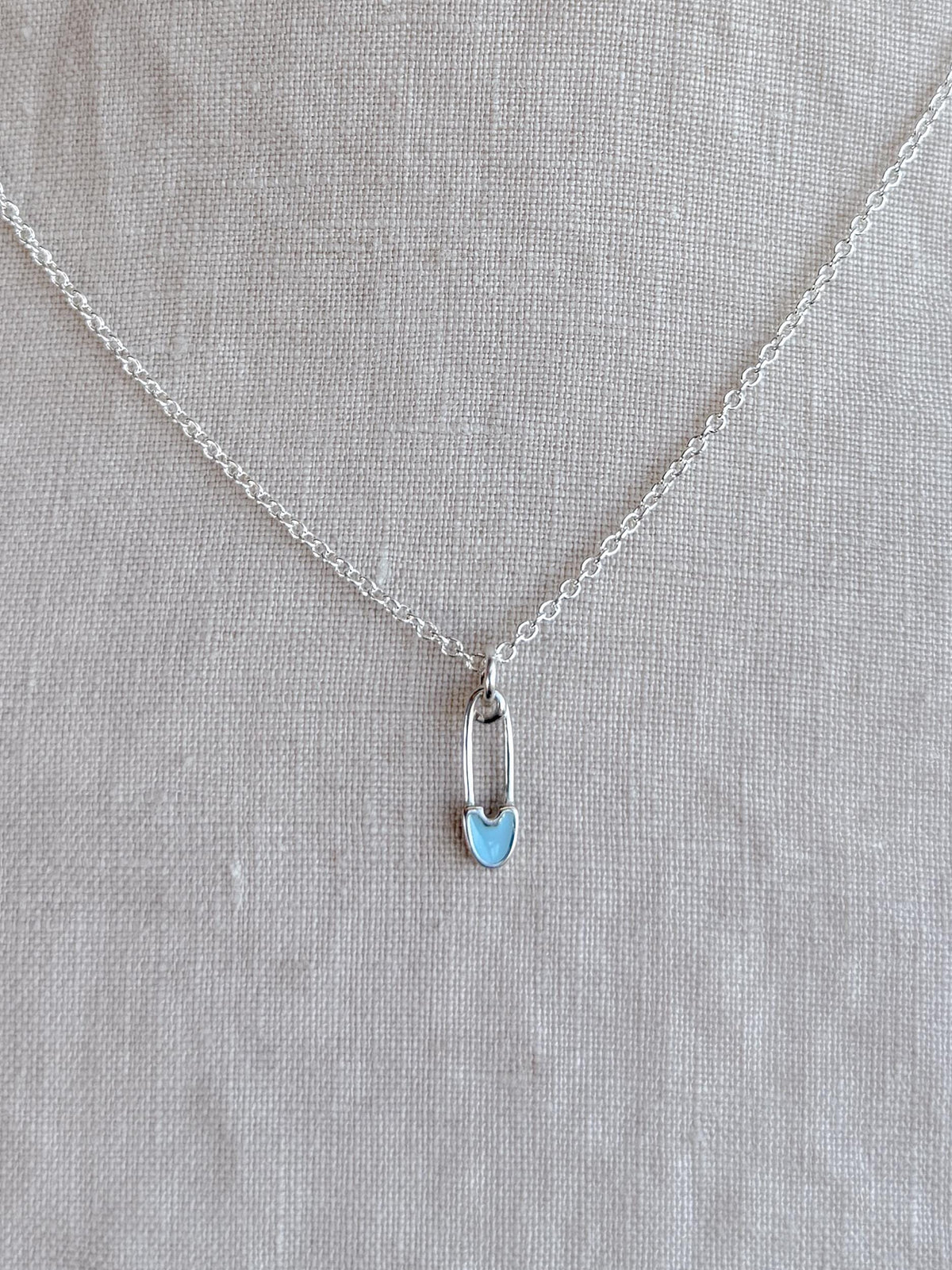 Sterling Silver Blue Safety Pin Charm Pendant, Minimalist Edgy Jewelry, Punk Style Charm Gift