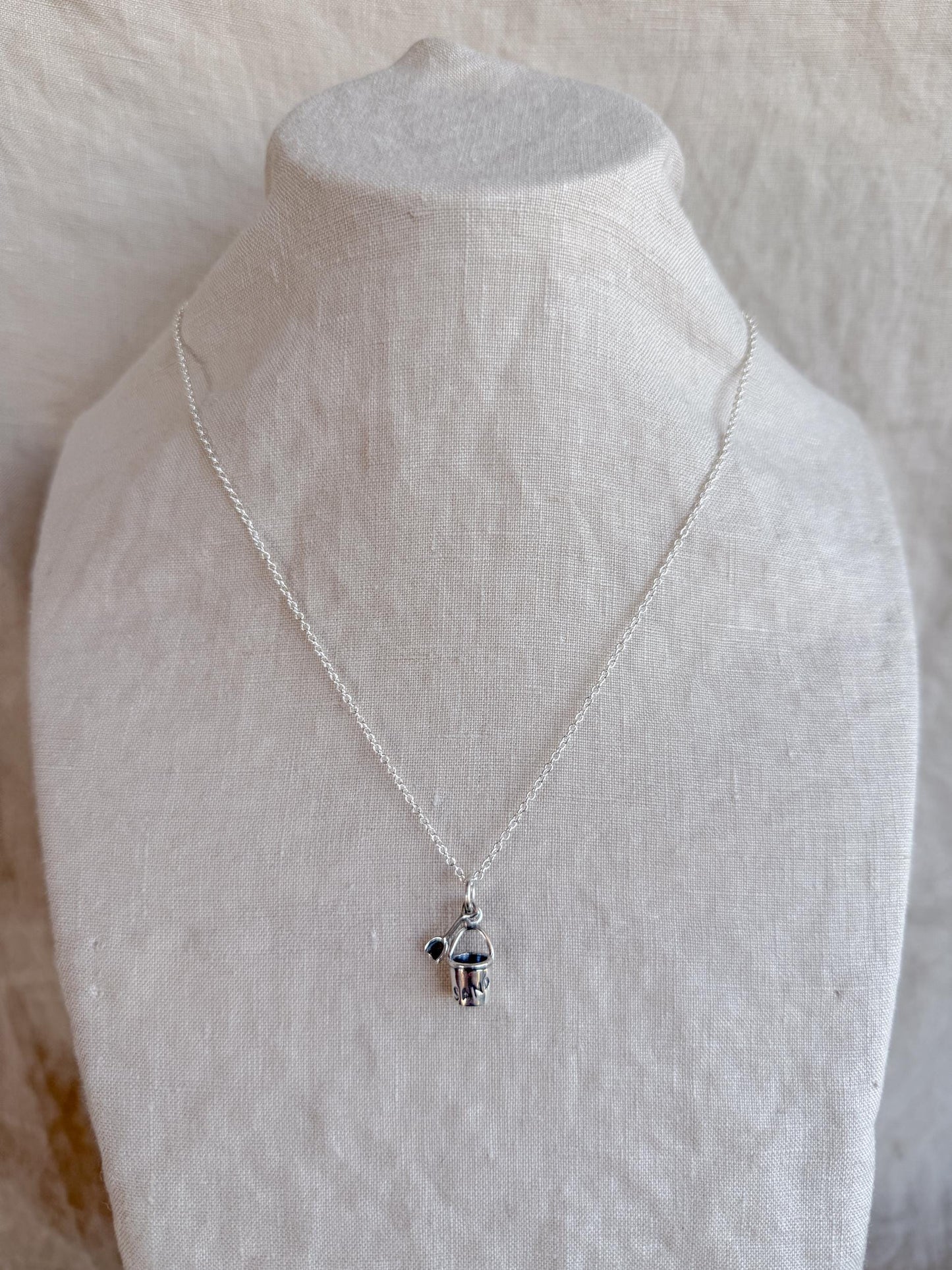 Sterling Silver Beach Pail Charm Necklace, Minimal Beach Themed Layering Jewelry, Gift for Her