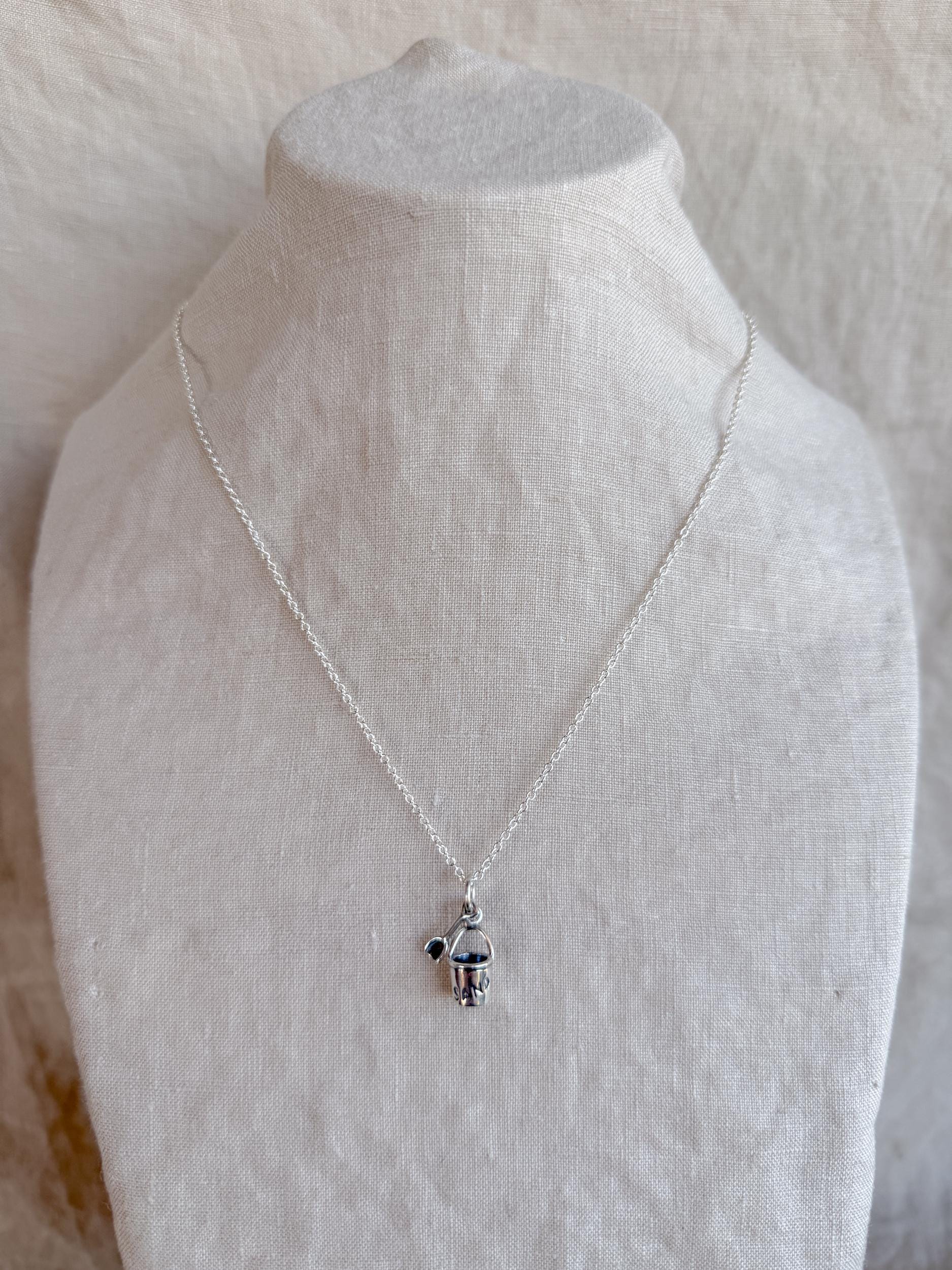 Sterling Silver Beach Pail Charm Necklace, Minimal Beach Themed Layering Jewelry, Gift for Her
