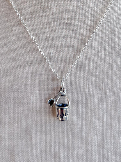 Sterling Silver Beach Pail Charm Necklace, Minimal Beach Themed Layering Jewelry, Gift for Her