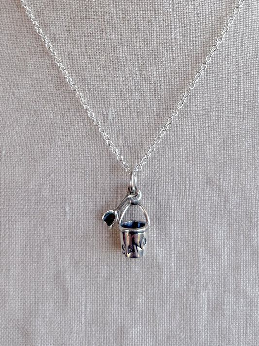 Sterling Silver Beach Pail Charm Necklace, Minimal Beach Themed Layering Jewelry, Gift for Her