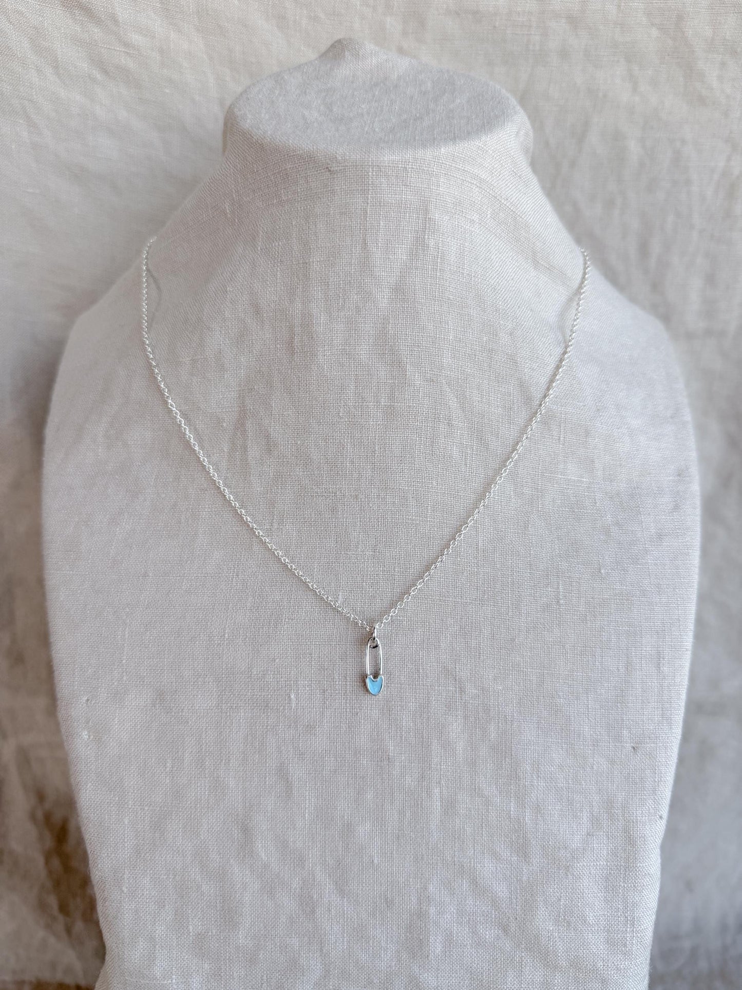 Sterling Silver Blue Safety Pin Charm Necklace, Minimal Punk Layering Jewelry, Gift for Her