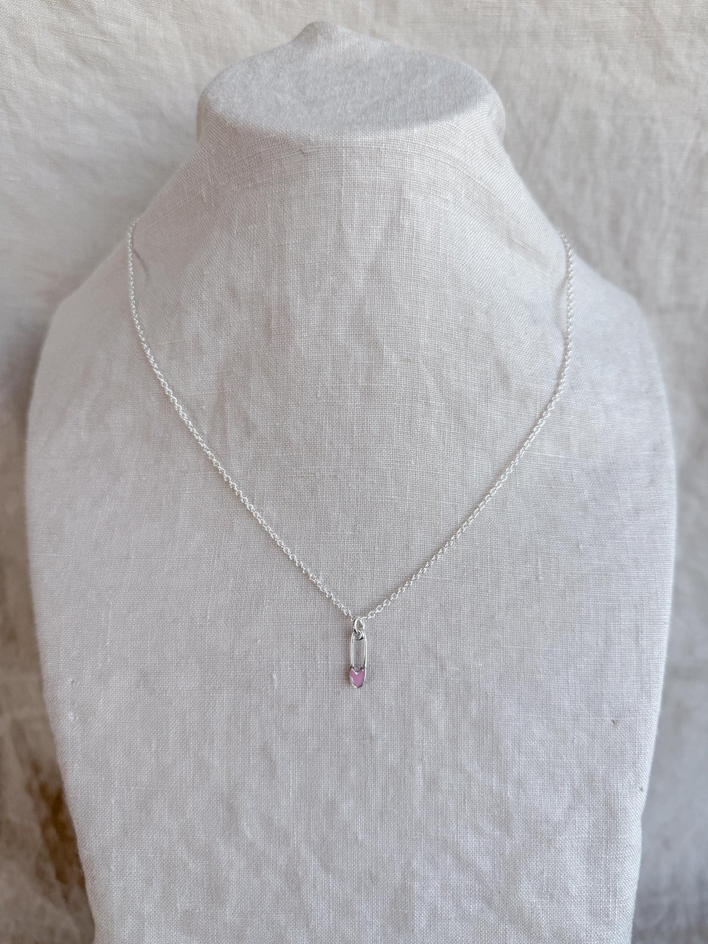 Sterling Silver Pink Safety Pin Charm Necklace, Minimal Punk Layering Jewelry, Gift for Her