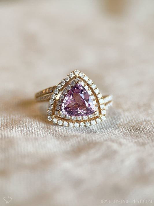 Vintage Rhodolite Garnet and Diamond Halo Engagement Ring, 14k Gold Trillion Bridal Ring