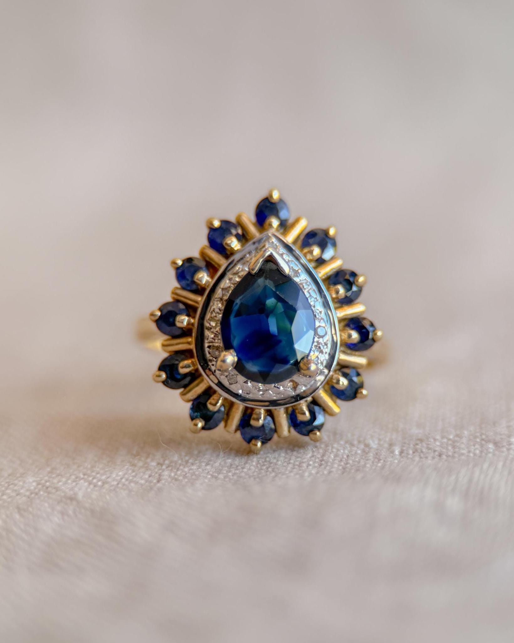 Vintage 1990s Pear Cut Sapphire & Diamond Ring, 10k Gold