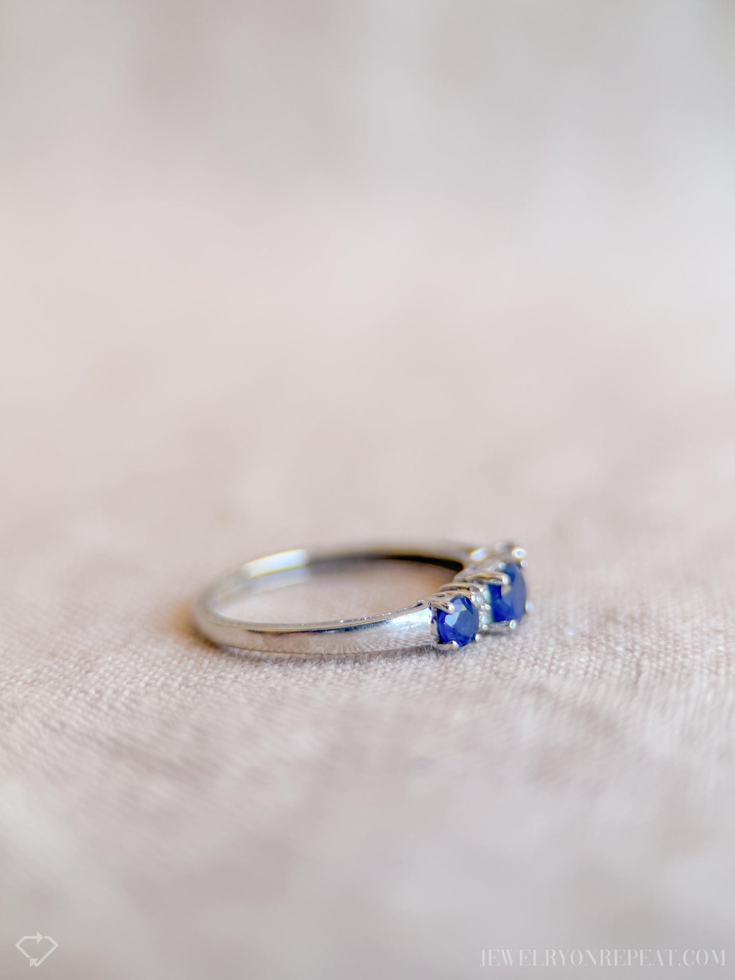 Vintage 1990s Three Stone Blue Sapphire Ring, 14k White Gold