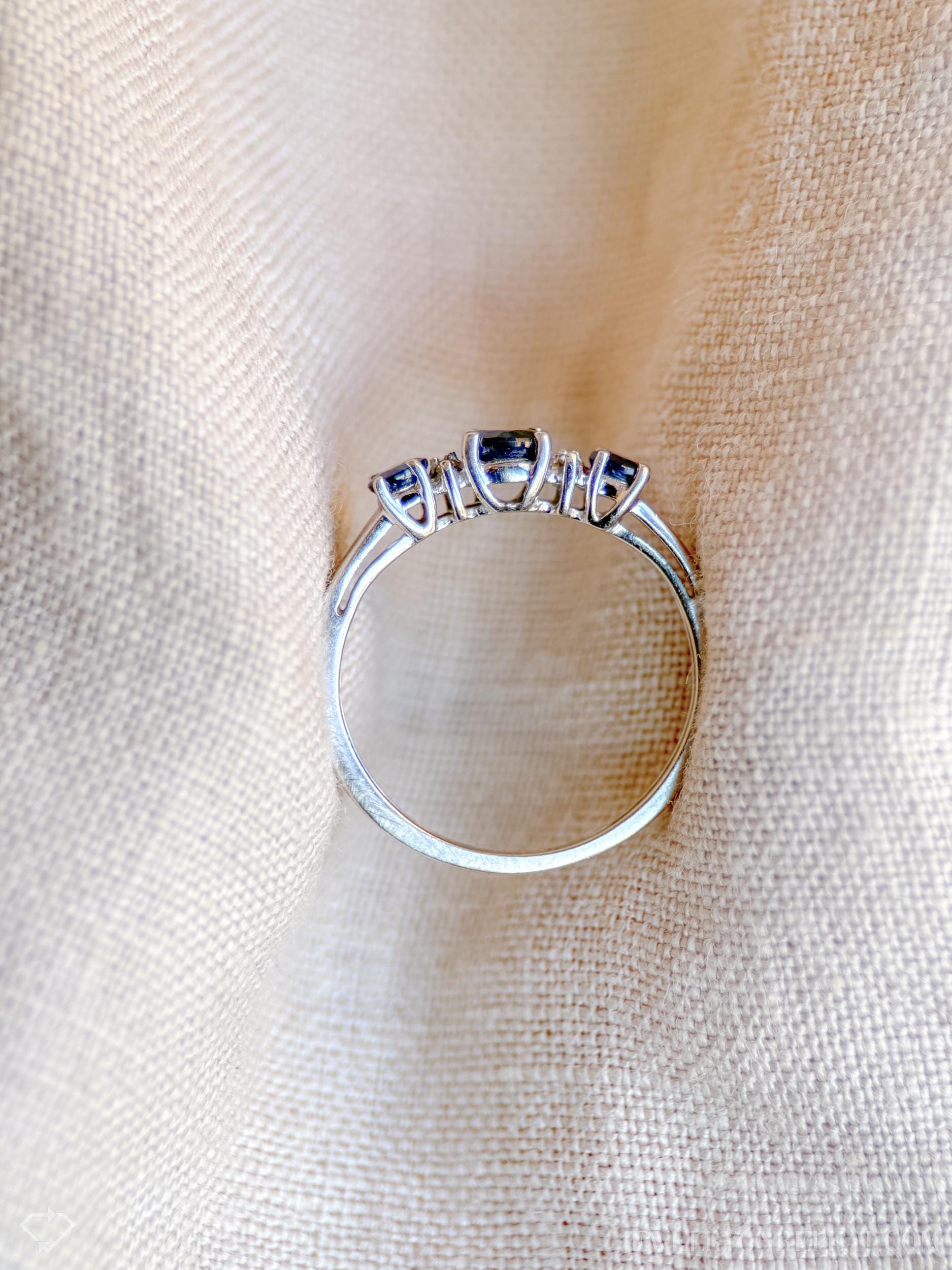Vintage 1990s Three Stone Blue Sapphire Ring, 14k White Gold