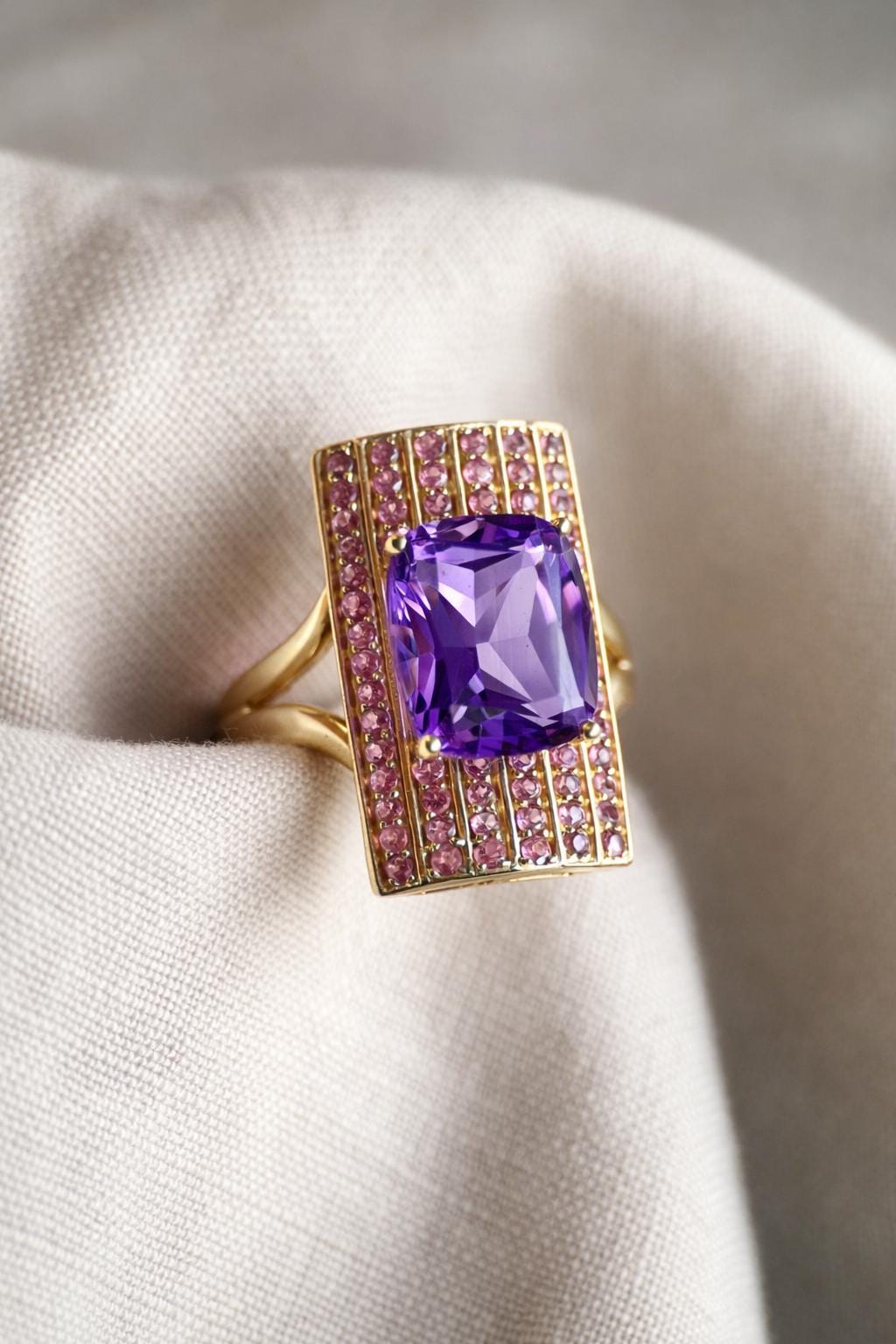 Vintage Amethyst and Tourmaline Cocktail Ring, 14k Gold, Cushion Cut Pave Statement Ring