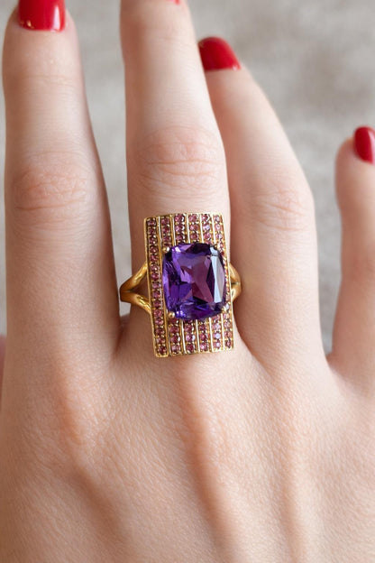 Vintage Amethyst and Tourmaline Cocktail Ring, 14k Gold, Cushion Cut Pave Statement Ring