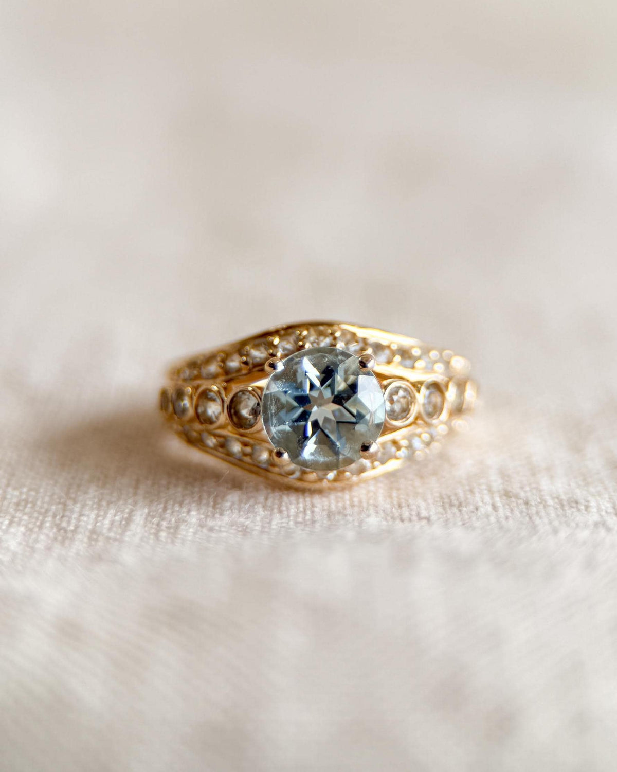 Vintage Aquamarine and Topaz Engagement Ring, Round Cut, 14k Gold Alternative Bridal Ring